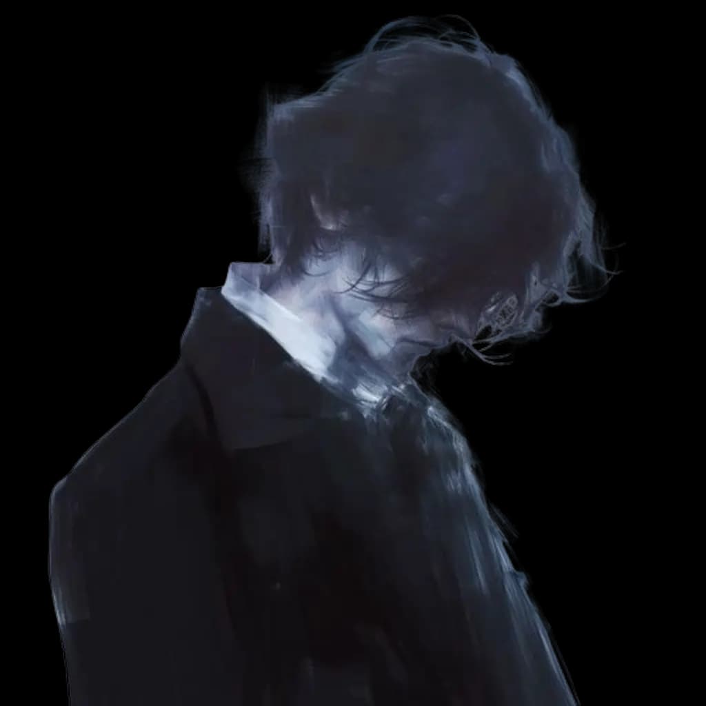Monochrome illustration of a dark-haired figure in a coat, head bowed, fading into black