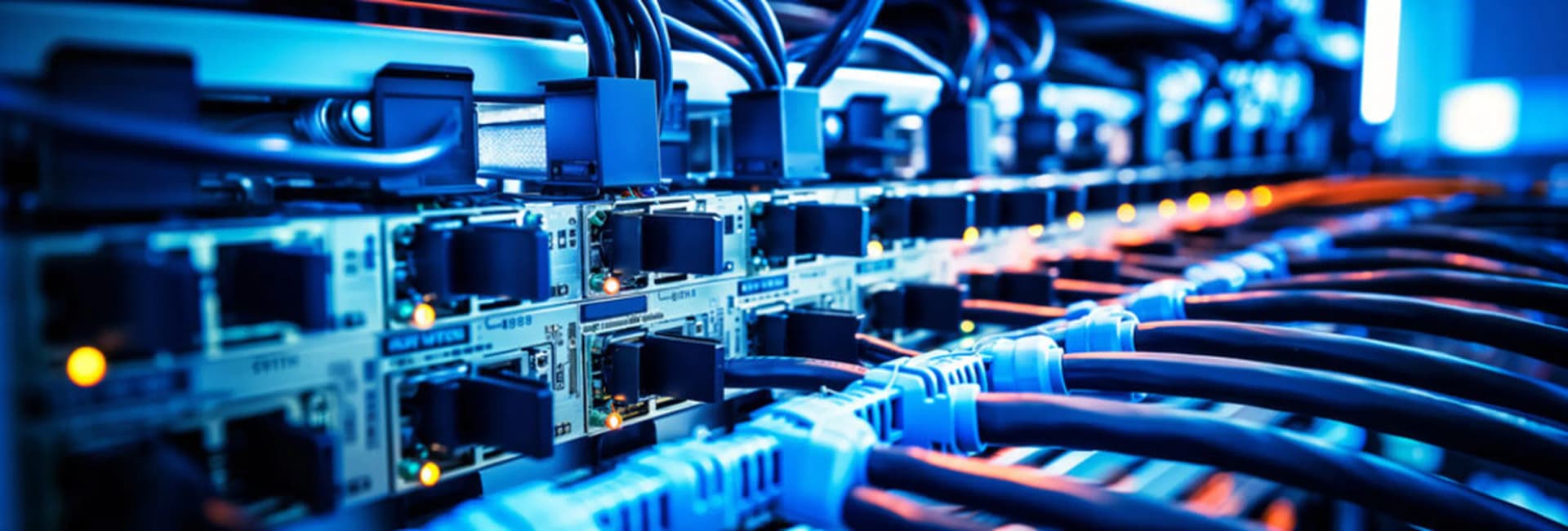 Rows of blue Ethernet cables plugged into a network switch, lit in blue and orange
