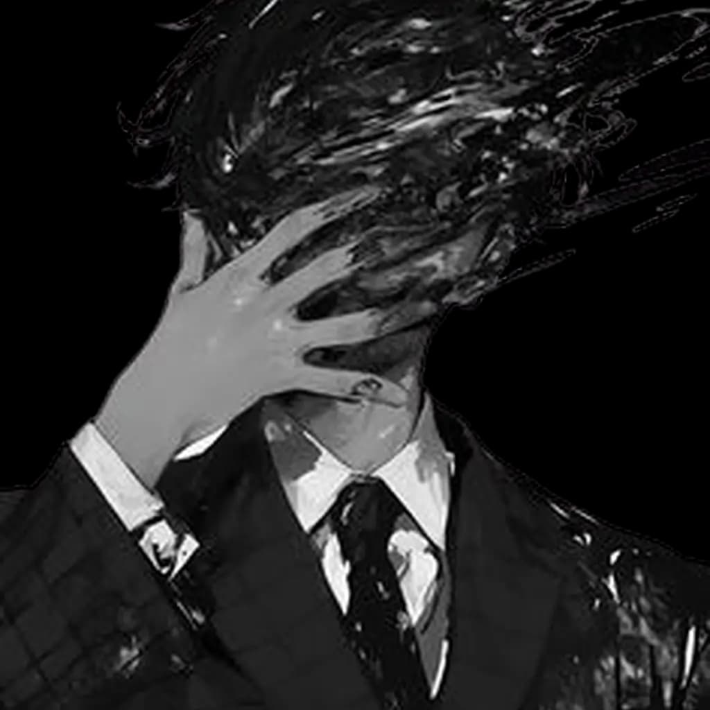 Black-and-white ink illustration of a man in a suit and tie covering his face with one hand