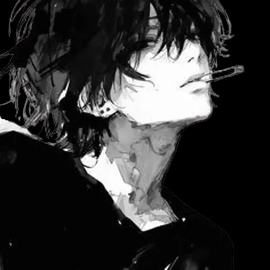 Black-and-white illustration of a dark-haired figure with a piercing, a pencil between his lips