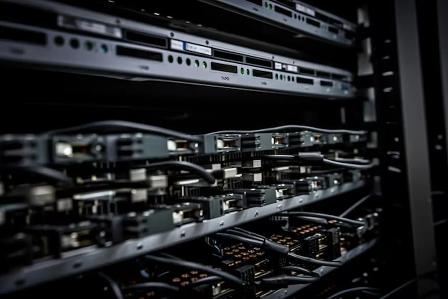 Server rack seen from the side, cables running between the units
