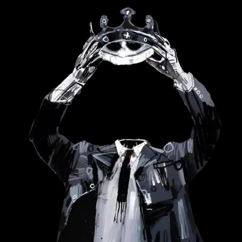 Ink illustration of a figure in a suit holding a crown above an empty space where his head should be